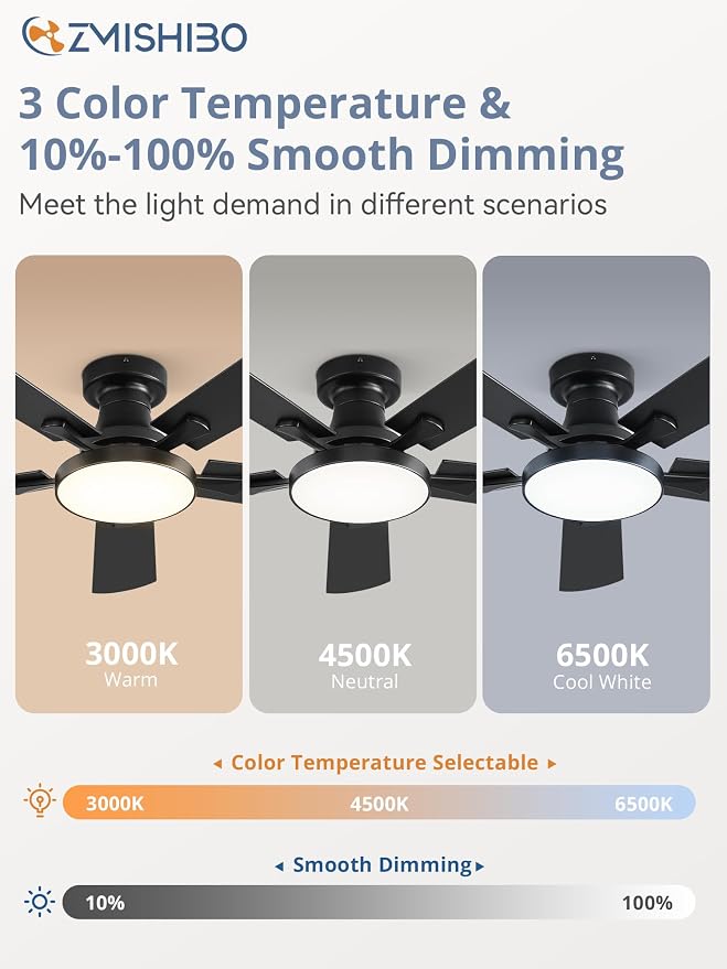 ZMISHIBO 42 Inch Ceiling Fans with Lights, Flush Mount Low Profile Ceiling Fan with 6 Speeds & 3CCT, Smart Remote&APP Control, Dimmable 24W LED Light, Quiet DC Motor for Living Room Bedroom,Black