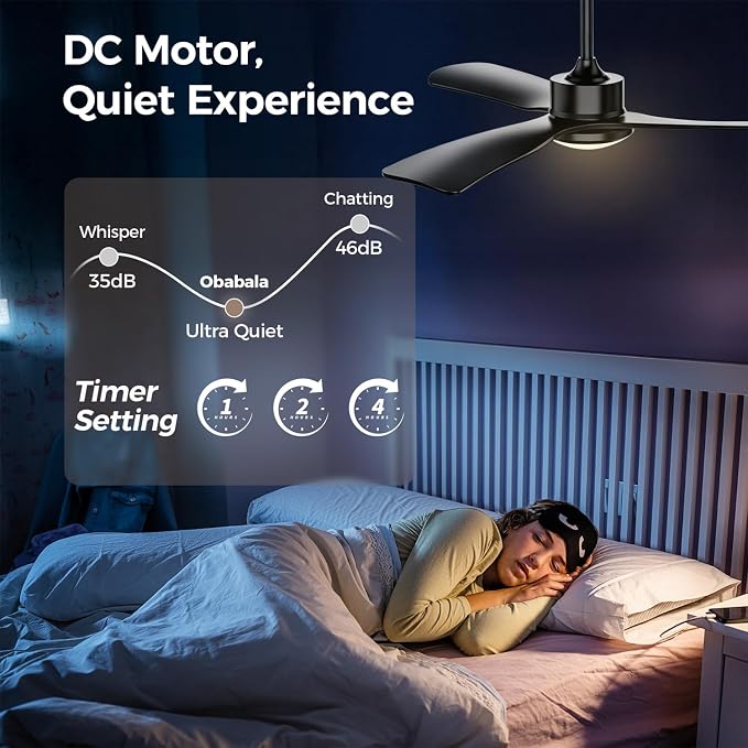 Obabala 52 Inch Ceiling Fan with Light and Remote, 3 black Solid Wood Blades, DC Motor Quiet 35dB, Dimmable LED Reversible for Bedroom Living Room Indoor Outdoor, 6 Speed Timer Downrod