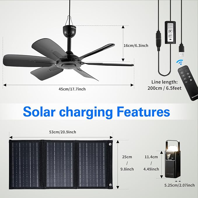Portable Ceiling Fan, USB Plug-In, 5V DC Powered, 6 Blades, Indoor/Outdoor RV Camping Tent Canopy, Hanging, Quiet Operation (with power bank and solar panel)