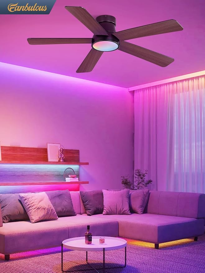 48 Inch Ceiling Fans with Lights and Remote,Outdoor Indoor Modern Flush Mount Ceiling Fan with 3CCT 6-Speed Quiet DC Motor,Small Low Profile Ceiling Fan for Bedroom Living Room Office（Black RGB)