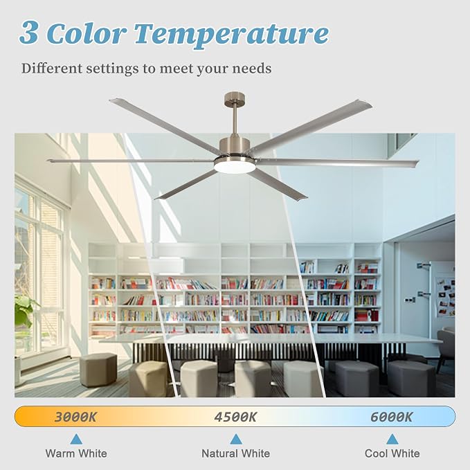 100" Industrial Ceiling Fan with Lights, Large Ceiling Fan with Remote 6 Reversible Aluminum Blades DC Motor 3CCT, Indoor Outdoor Commercial Ceiling Fan for Garage Shop Patio, Silver