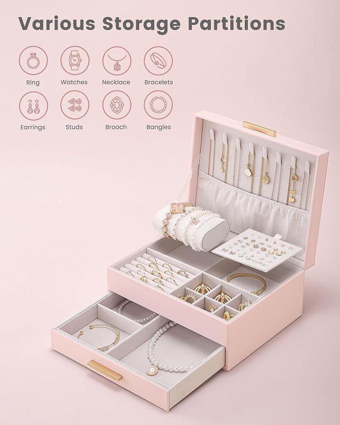 Lolalet 2-Layer Jewelry Box Organizer Holder for Women Girls Mom -Pink | Jewelry Storage Case with Drawers for Necklaces Ring Earrings Bracelet Watch, Gifts Choice for Mom Mother’s Day