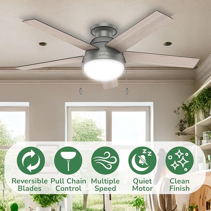 Hunter Anslee, Indoor, Ceiling Fan, with LED Light, 46 inch, Matte Silver