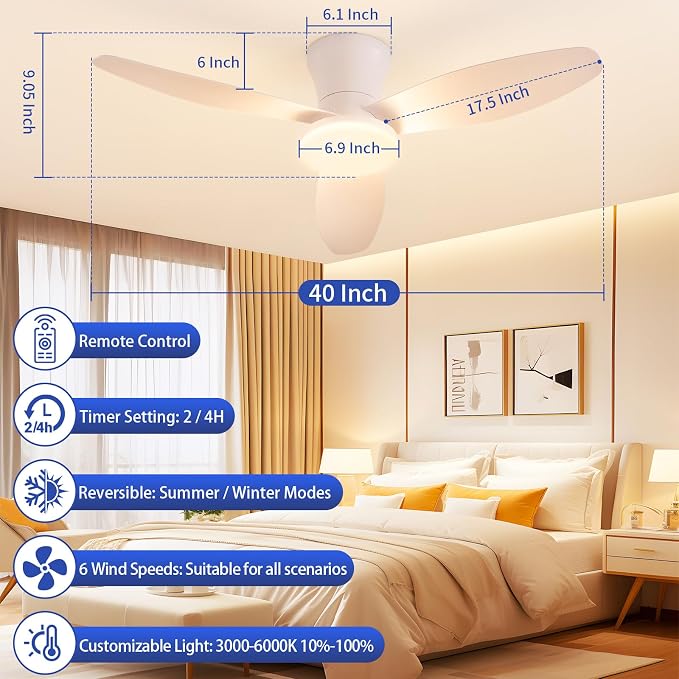 40 inch Ceiling Fan with Lights, Flush Mount with Remote Control | 3 Blades, 6 Speeds, Reversible Quiet DC Motor, Dimmable, 3000-6000K Adjustable, Timer, for Bedroom Dining Room Home Office