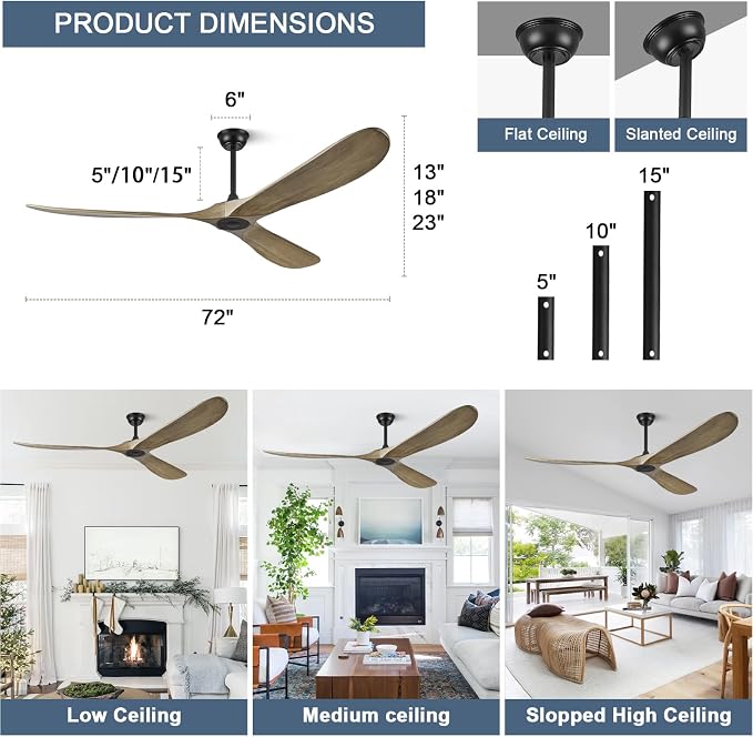ABZ 72" Ceiling Fan without Light - 72 inch Propeller Solid Wood Blades Bronze Gray Ceiling Fan no Light with Remote Control for Outdoor Indoor Patio Porch Living Room