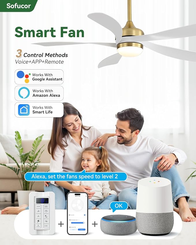Sofucor 52" Smart Ceiling Fan, Indoor/Outdoor White Ceiling Fans with Lights and Remote, Works with Alexa/Google/App, 3-Color Light 6-Speed Timing Reversible DC Motor for Bedroom Living Room Patio