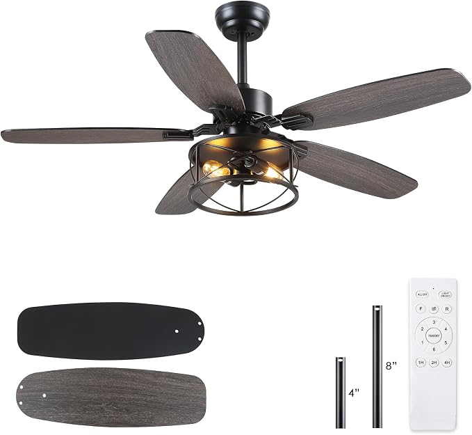 Hounberi 52 Inch Farmhouse Ceiling Fan with Light and Remote Control | 5 Dual Finish Blades, 6 Speeds, Quiet, Reversible DC Motor, Black Industrial Caged Ceiling Fan for Bedroom, Living Room