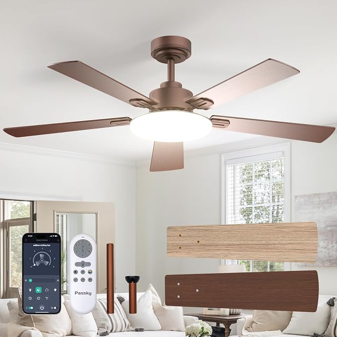 Passky Ceiling Fans with Lights, 52 inch Sleek Ceiling Fan with Light and Remote Control, 3CCT, Dimmable, Reversible, Noiseless, Brown Ceiling Fan for Bedroom, Living Room