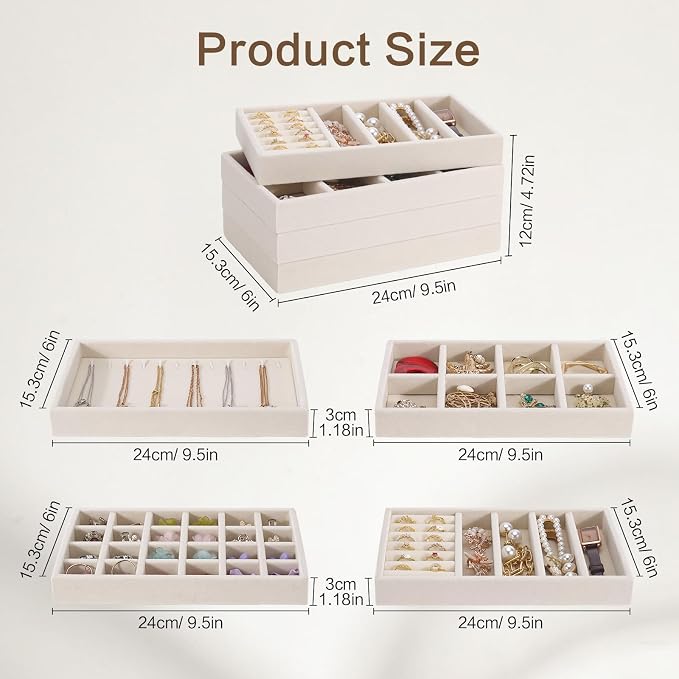 Velvet Jewelry Drawer Storage Tray, Set of 4 Stackable Drawer Organizer, Multifunctional Jewelry Display Organizer, Storage Box for Earrings, Rings, Necklaces, Bracelets, Brooches, Watches