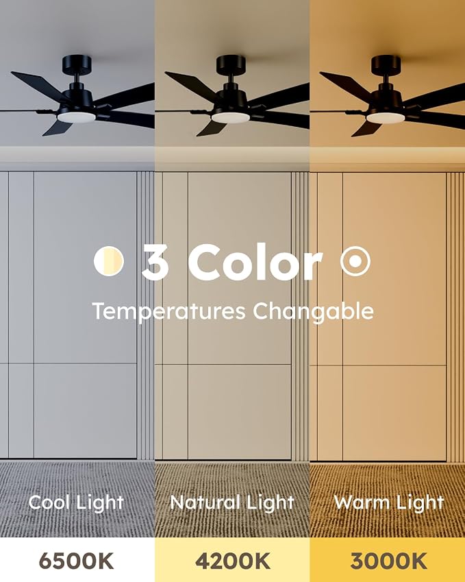 46 Inch Balck Downrod Ceiling Fans with Lights and Remote | 3CCT Dimmable LED, 6 Speed, Quiet DC Motor, 3-Level Timer Function, Forward/Reserve For all Seasons, Indoor/Covered Outdoor