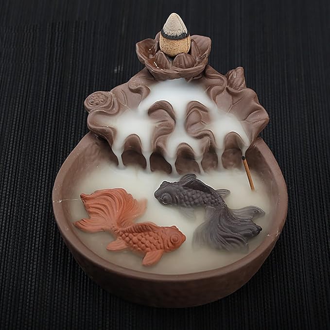 NewEGG Two Fishes Ceramic Purple Clay Smoke Backflow Incense Cone Sticks Burner Holder