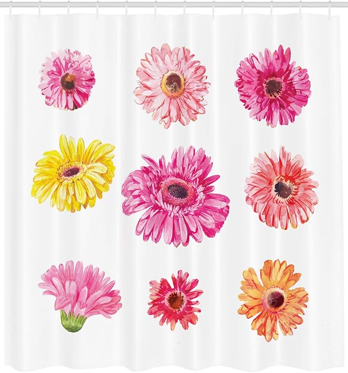 Ambesonne Daisy Shower Curtain, Gerbera Flower Heads in Pink and Yellow Shades Watercolor Aquarelle Art Floral, Cloth Fabric Bathroom Decor Set with Hooks, 69" W x 75" L, Multicolor
