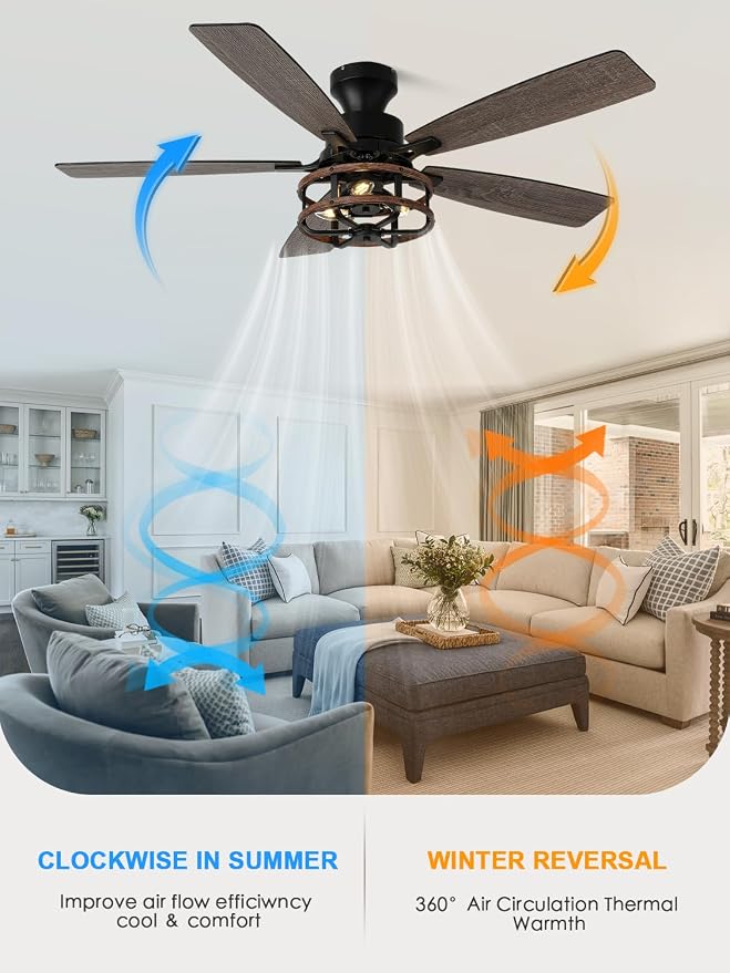 52 Inch Flush Mount Farmhouse Ceiling Fan with Light and Remote Control | 5 Reversible Blades Low Profile Ceiling Fans with 3-Light 6 Speeds 3 Timing for Living Room Bedroom Kitche
