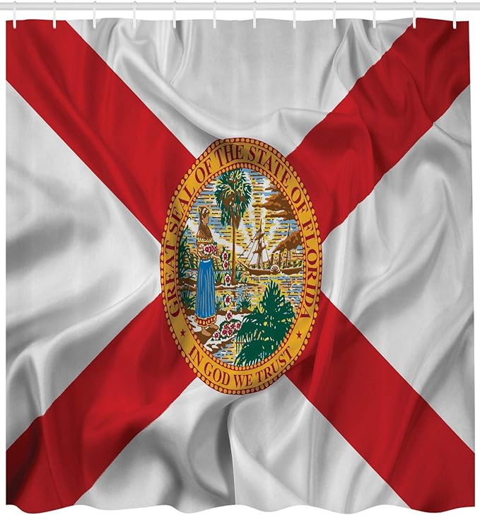 Ambesonne American Shower Curtain, Florida Flag Land of Sunshine Flowers Palms Rivers and Lakes Steamboat, Cloth Fabric Bathroom Decor Set with Hooks, 69" W x 70" L, Red White Multicolor