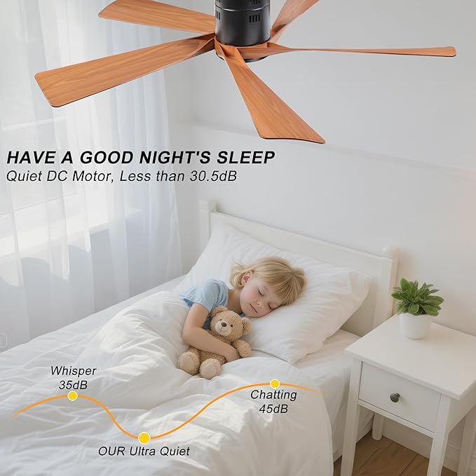 Ohniyou 52” Flush Mount Modern Farmhouse Ceiling Fan with Lights | Remote/APP Control, Low Profile, 3CCT Dimmable, Quiet DC Motor, Reversible, Covered Outdoor Overhead Fans, Black+Wood Color