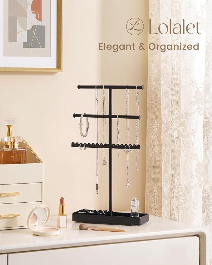 Lolalet 3-Tier Jewelry Organizer Stand, Metal Jewellery Holder, Dresser Display Rack for Necklace Earring Bracelets Rings, Gift for Women Girls -Black