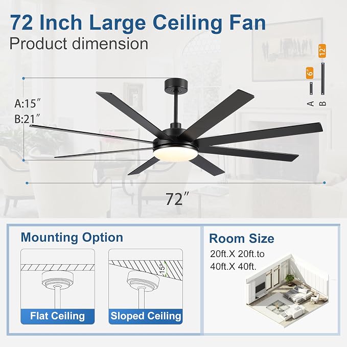 72 Inch Ceiling Fans with Lights and Remote Control, Black | Wooden Blades,Reversible Quiet DC Motor, 6-Speed, 3CCT Dimmable LED, Timer for Living Room, Bedroom, Office