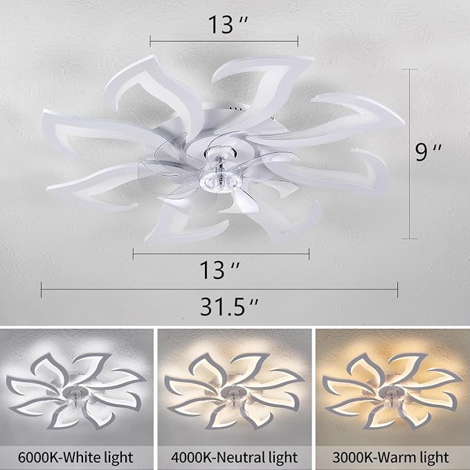 Dalouguan Modern Ceiling Fan with Lights Remote Control, 32" White 6 Speeds 3 Light Color Low Profile Flush Mount Ceiling Fan for Kitchen Bedroom