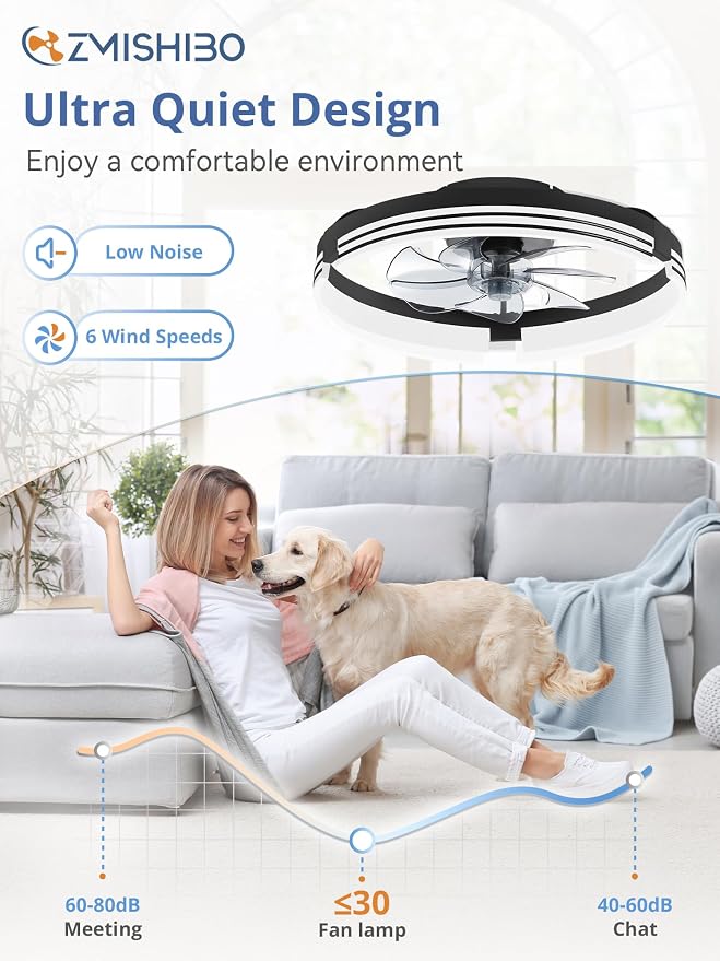 ZMISHIBO Low Profile Ceiling Fans with Lights and Remote, 20 Inch Flush Mount Ceiling Fan with Light, 3000K-6000K Dimmable Fandelier LED Fan Light, 6 Wind Speeds Black Ceiling Fans for Bedroom