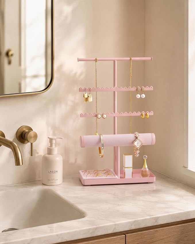 Lolalet Jewelry Organizer Stand, Necklace Bracelet Holder -Pink | Space-Saving Jewelry Display Storage Rack on Vanity Dresser for organizing Earrings Bangels Rings
