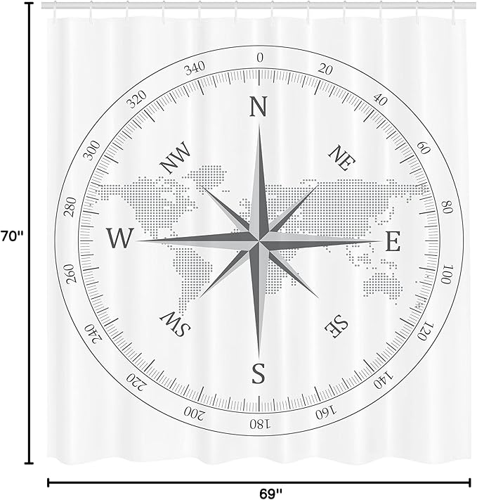 Ambesonne Compass Shower Curtain, Compass Illustration World Map Maritime Seaman Life Equipment Monochromic Artwork, Cloth Fabric Bathroom Decor Set with Hooks, 69" W x 70" L, White Gray