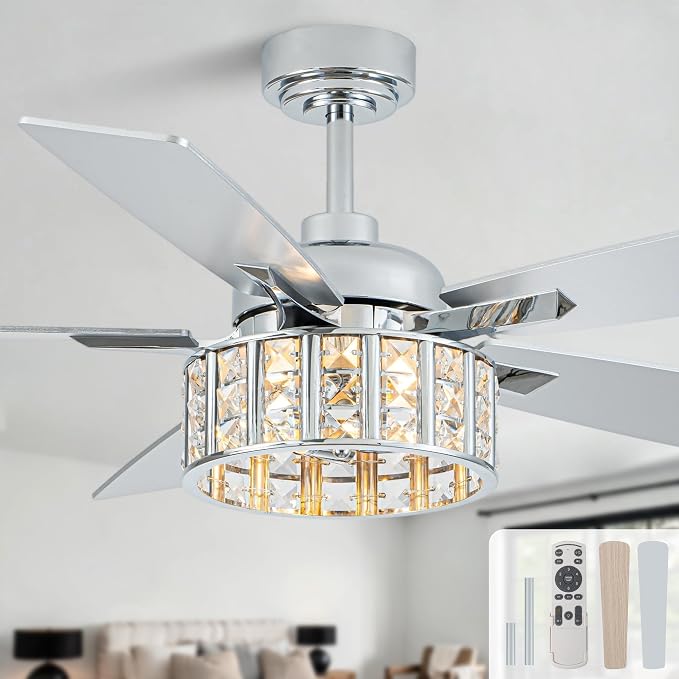 52" Modern Crystal Chandelier Ceiling Fans with Lights for Living Room | K9 Crystal Fandelier Fan Quiet Reversible DC Motor 6 Speeds Timer E26 Bedroom