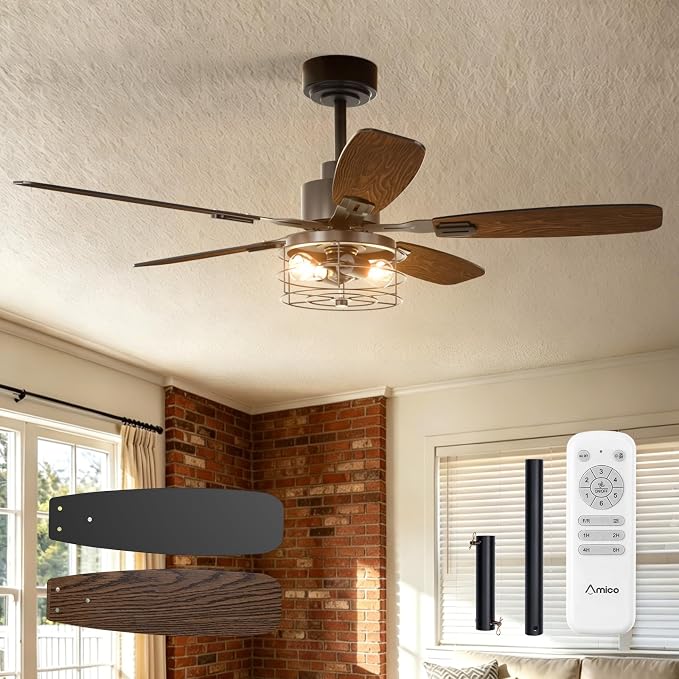 Amico 52 inch Ceiling Fans with Lights, Caged Ceiling Fan with Light and Remote Control, Dimmable, 3CCT, Quiet, Black Farmhouse Ceiling fan For Living Room, Bedroom, Kitchen, Patio Indoor/Outdoor Use