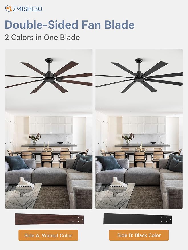 ZMISHIBO 80 Inch Ceiling Fan No Light with Remote Control, 8 Blades Quiet DC Reversible Motor, 6-Speed, Timer, Black Finish, Indoor Outdoor Ceiling Fans for Patios, Living Room, Garage