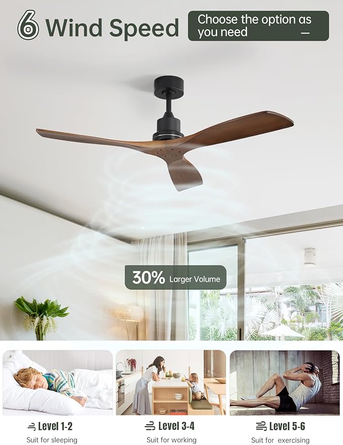 Sofucor 52 Inch Ceiling Fans No Light-Outdoor Ceiling Fan with Remote Control, 3 Blade Reversible DC Motor, Modern Wood Ceiling Fan Without Light for Bedroom Indoor Patios Farmhouse, Walnut