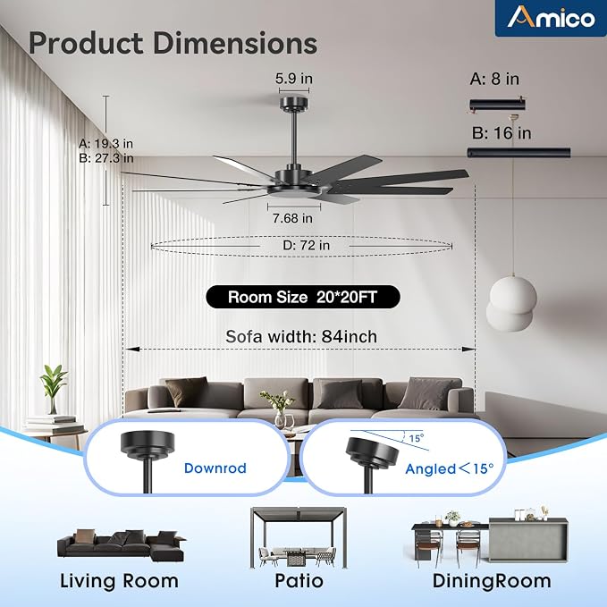 Amico 72 Inch Outdoor Ceiling Fan No Light with Remote, Large Black Ceiling Fan Without Light, Quiet Reversible DC Motor, 6 Speeds, Timer, 8 Blades for Living Room, Covered Patio, Porch, Garage
