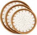 Set of 3 Round Rattan Tray, Rattan Serving Tray for Storage, Decorative Wicker Tray for Table Decor, Home Decor, Kitchen, Coffee, Bread, Fruits (White Leaf, Set of 3)