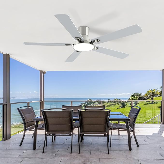 SNJ 60 Inch Brushed Nickel Ceiling Fans with Lights and Remote,Flush Mount Low Profile 5 Blades Ceiling Fan,Dimmable Quiet Reversible DC Motor for,Living Room,Bedroom and Patio