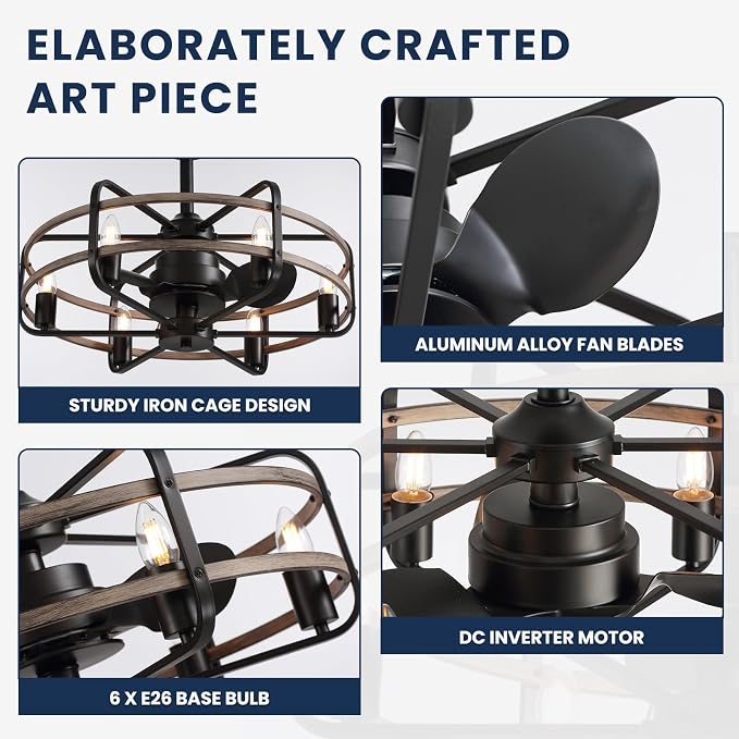 NOXARTE Cage Ceiling Fan with Light, Vintage Fandelier Remote Control, Bladess Industrial Chandelier Ceiling Fan Reverse Motor for Living Dining Room Bedroom Dia 25 Inch
