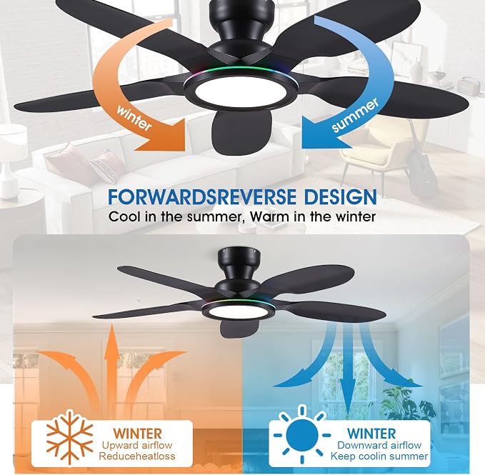 Kviflon Ceiling Fans with Lights and Remote/APP Control, 52 inch Low Profile Ceiling Fans with Dimmable White + RGB Ring Lights, 6 Speeds 5 Curved Blades for Kids Room Bedroom Bar, Black