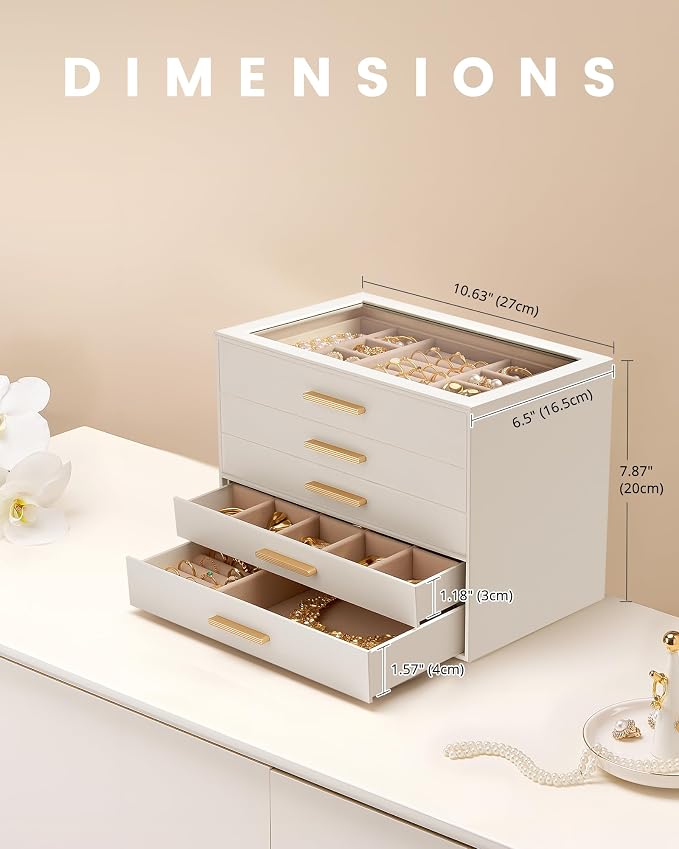 Lolalet Jewelry Box Organizer, 5-Layer Jewelry Organizers and Storage Case with Glass Lid, Ring Earring Bracelet Necklace Holder Organizer, Birthday Valentine Gifts for Women Girls -5Layer, Beige