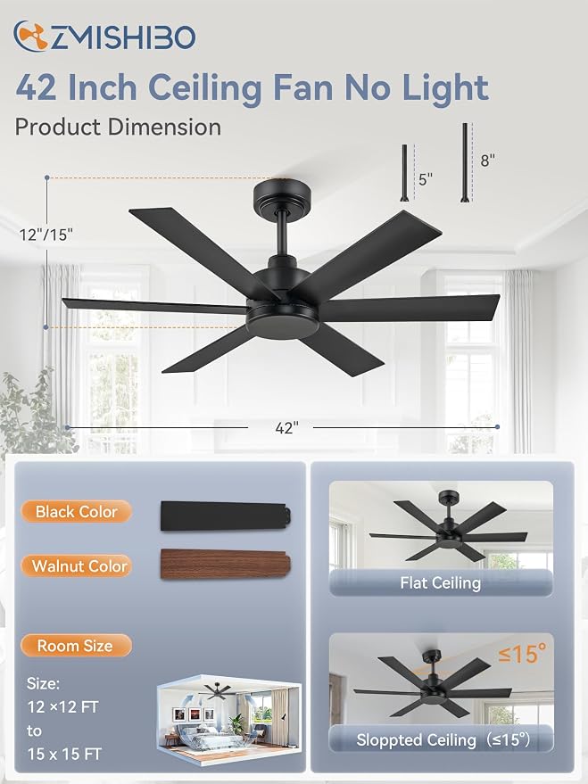 ZMISHIBO 42 Inch Black Ceiling Fan Without Light, Bedroom Ceiling Fan No Light, 6 Blades, Quiet Reversible DC Motor, 6-Speeds, Small Ceiling Fan for Bedroom, Living Room, Patio, Indoor/Outdoor Use