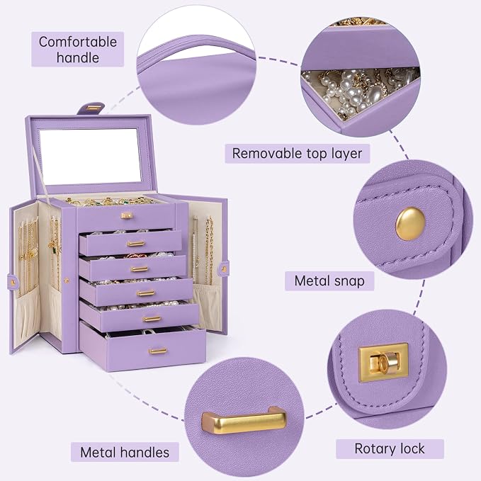 AKOZLIN 6-Tier Jewelry Box Organizer Functional 5 Drawers Leather Jewelry Storage Case for Women Girls Ring Necklace Earring Bracelet Holder Organizer with Mirror Medium Violet