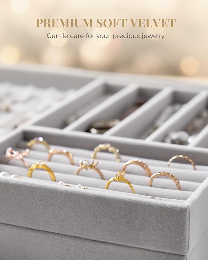 Lolalet Jewelry Drawer Organizer Inserts, Stackable Velvet Tray Jewelry Storage Organizers Set Display Cases for Necklaces Bracelets Earrings Rings Chains Bangles Watches, Grey, Set of 2