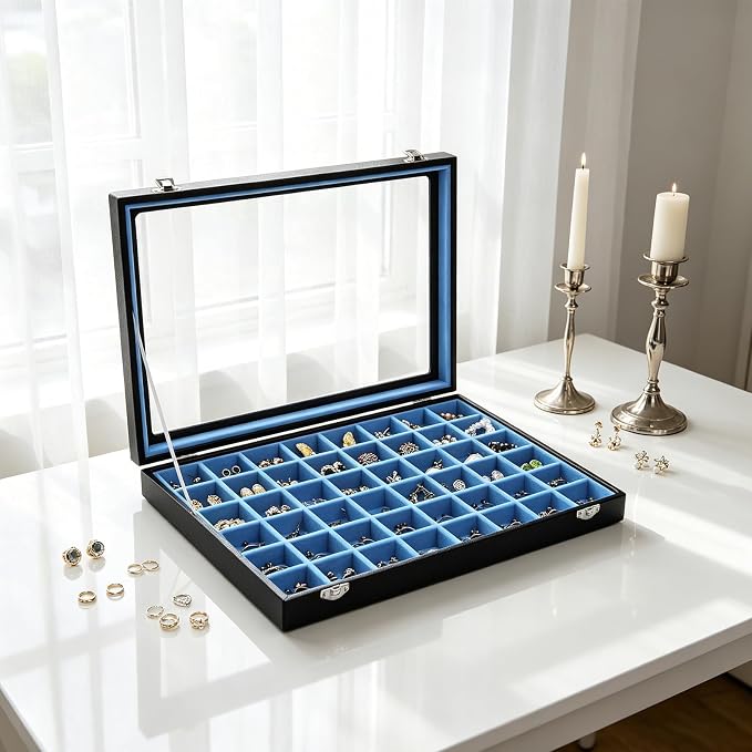 Stratalife 48 Grid Earring Organizer, Jewelry Holder Organizer with Lid | PU Leather Storage Box for Earring, Ring, Studs and Trinkets, Soft Velvet Drawer Organizer for Women, Dustproof, Blue Black