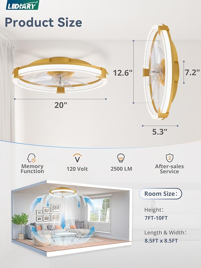 LEDIARY Ceiling Fans with Lights, 20 Inch Low Profile Ceiling Fan with Remote, 6 Speeds, Reversible, Dimmable Flush Mount Fan Light, Modern Fandelier Ceiling Fan with Lights for Bedroom, Gold