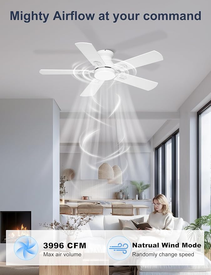 42'' White Flush Mount Ceiling Fans with Lights for Nursery Room | App/Remote Control, Low Profile, Space-Saving, Quiet DC Motor, 3CCT Dimmable, 6 Speeds Modern Overhead Fan for Low Ceilings