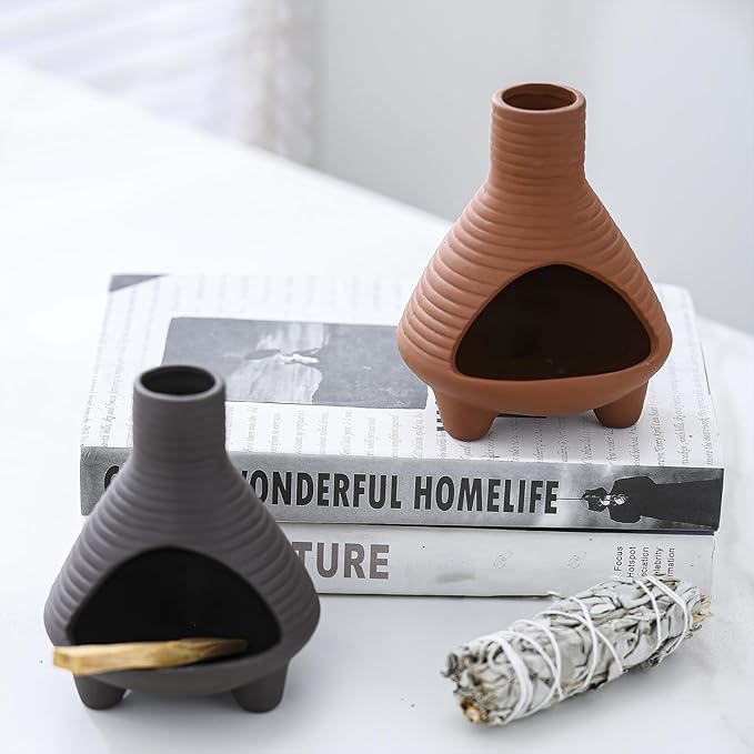 Ceramic Palo Santo Holder Burner, Handmade Incense Burner, Cone Ash Catcher Smudge Bowl for Meditation Yoga Home Decor Incense Holder, Brown