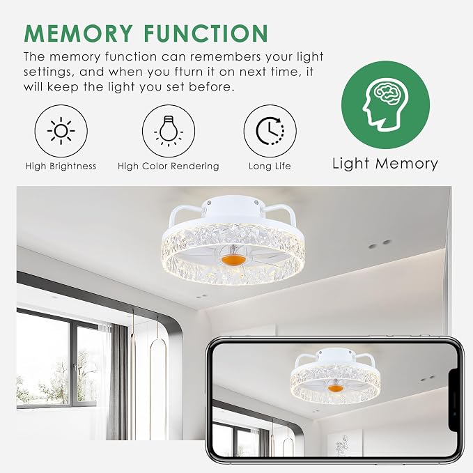 White Ceiling Fans with Lights and Remote - Low Profile Flush Mount Ceiling Fans - 13” Modern Bladeless Enclosed Ceiling Fans with Led Light and Stepless Dimming, White Small Ceiling Fan for Bedroom