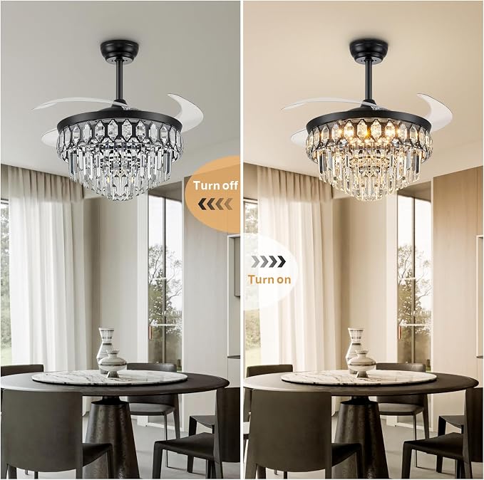 FIDGRA 42 Inch Fandelier Ceiling Fan with Light, Retractable Ceiling Fan with Lights Chandelier Fan for Bedroom, Living Room, 3 Color Temperature, 6 Wind Speed-Black