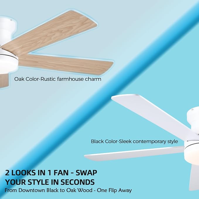 Ayaoty 48In Ceiling Fan with Light Flush Mount - White Low Profile Ceiling Fan Light with Remote/APP, 5 Reversible Dual-Sided Blades, Modern Fan Light for Indoor Bedroom, Covered Outdoor