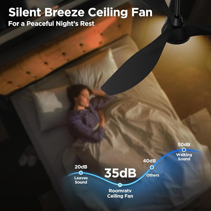 Roomratv Ceiling Fans with Lights, 52 Inch Black Ceiling Fan with Remote Control, Quiet Noiseless Reversible DC Motor 6 Speeds Timers 3 CCT Dimmable Modern Fan Light Indoor for Bedroom Living Room