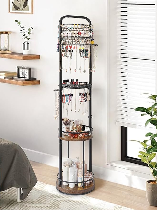 Jewelry Holder Organizer, Floor Jewelry Organizer with Earring Organizer Necklace Holder, Rotating Jewelry Stand Necklace Display Earring Storage, Large Hanging Jewelry Tree for Jewlery Bracelet Ring