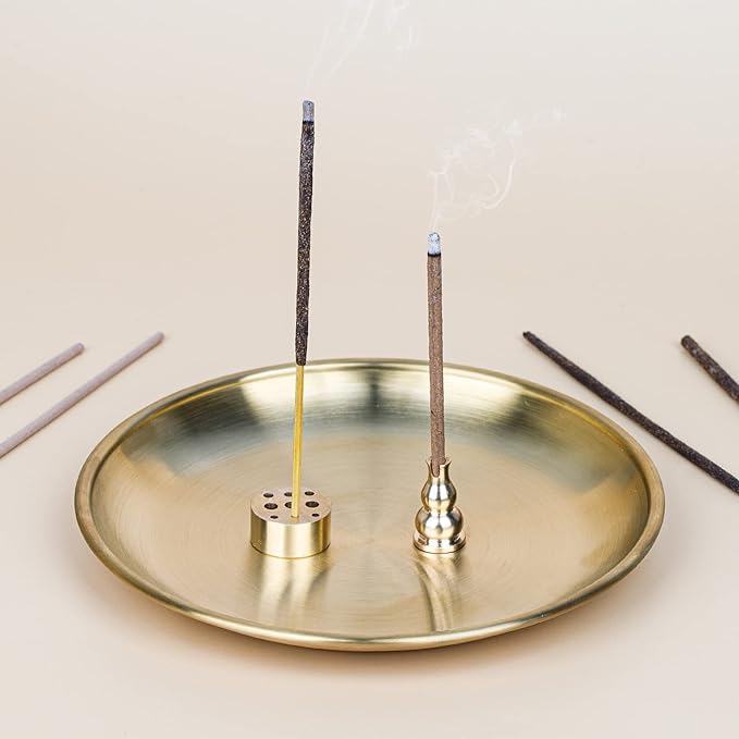 ZenBless 5 in 1 Incense Burner, Palo Santo Holder, Sage Holder, Incense Sticks/Coil/Cones, 5.5 inches Brass Ash Catcher for Meditation Yoga Room (Gold_2pcs)