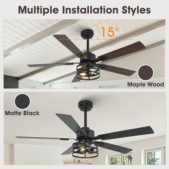 52" Farmhouse Ceiling Fan with Light and Remote, Ceilings Fan Dual Finish 5 Blades 6-Speed Quiet and Reversible DC Motor, Rustic Ceiling Fans with Light for Bedroom Living Room and Kitchen
