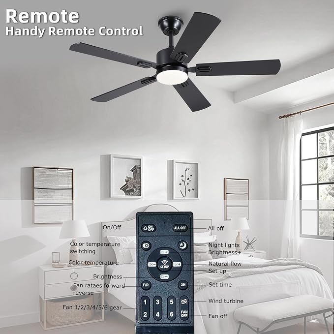 FUMLTP 46 inch Modern Ceiling Fans with Lights APP/Remote Control, Low Profile Reversible 6 Speeds Ceiling Fan Light for Indoor/Outdoor Patio Bedroom Living Room,Black